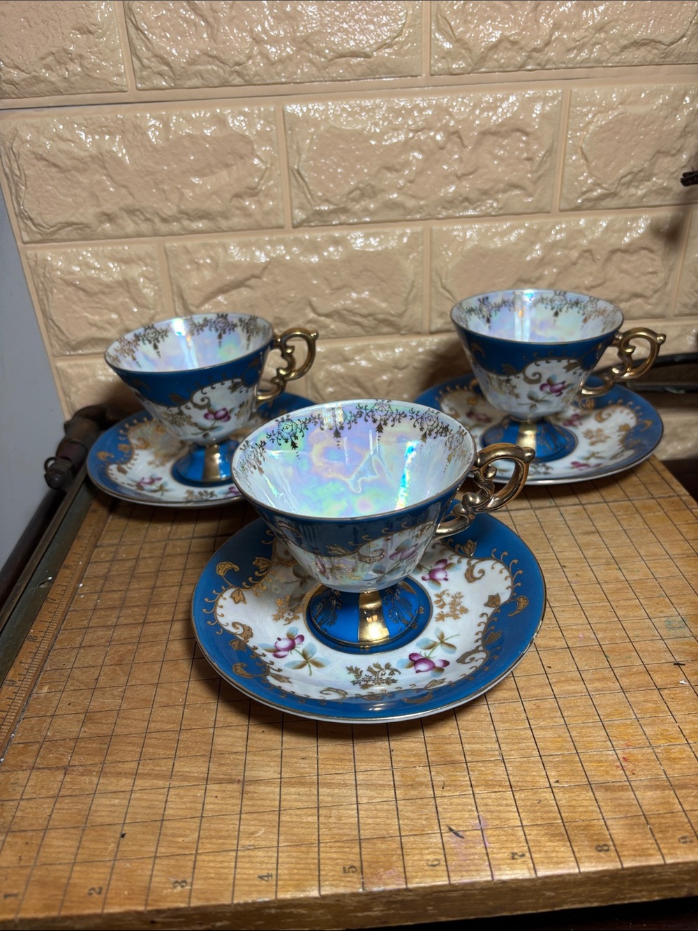 3 Royal Sealy Japan Cup Saucer Pairs Lusterware Teal Purple Blossoms Gold Trim